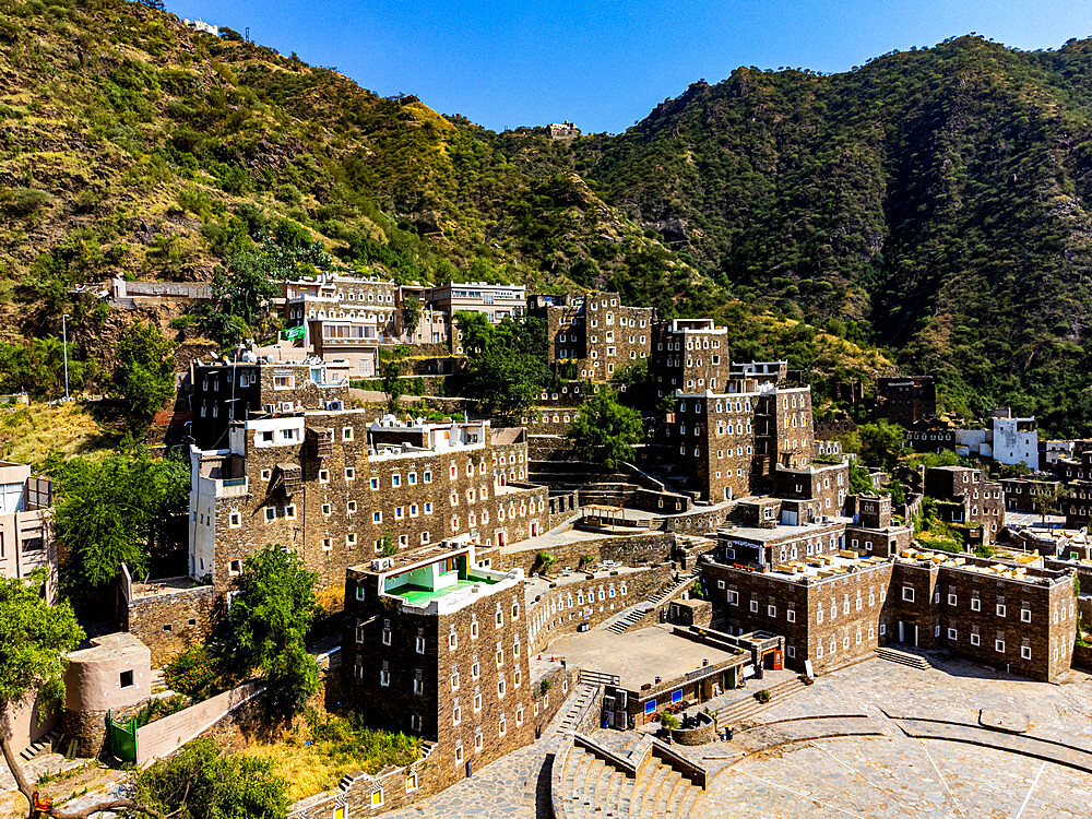 Aerial of Rijal Almaa mountain village, Asir Mountains, Kingdom of Saudi Arabia, Middle East