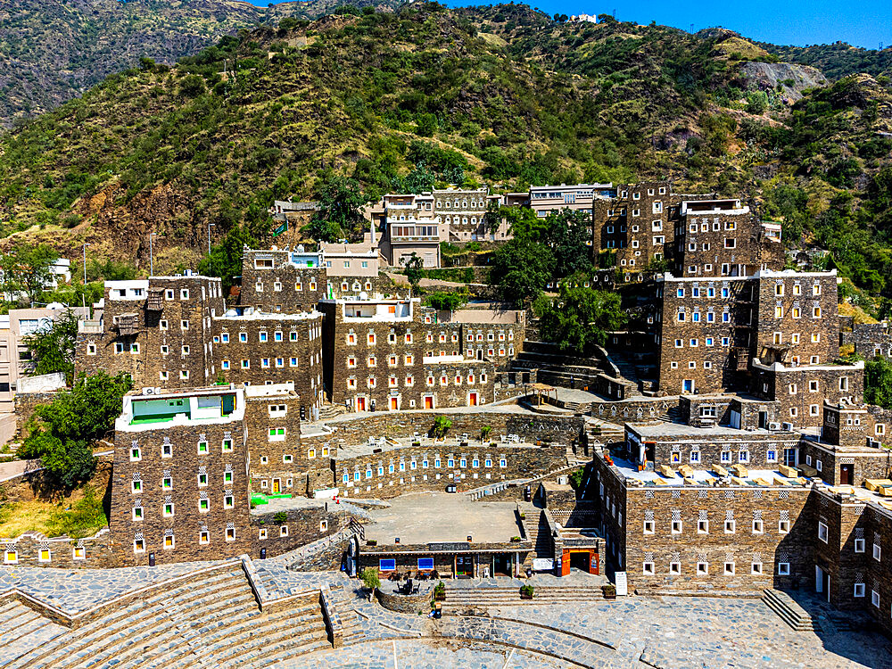 Aerial of Rijal Almaa mountain village, Asir Mountains, Kingdom of Saudi Arabia, Middle East