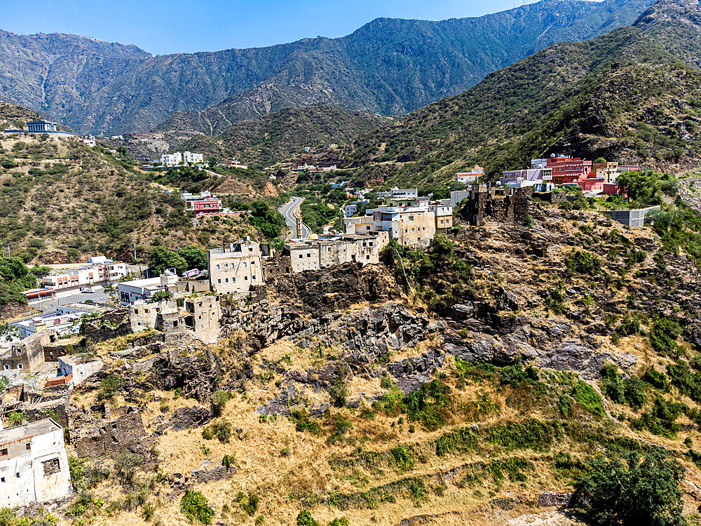 Village on a rock edge, Asir Mountains, Kingdom of Saudi Arabia, Middle East