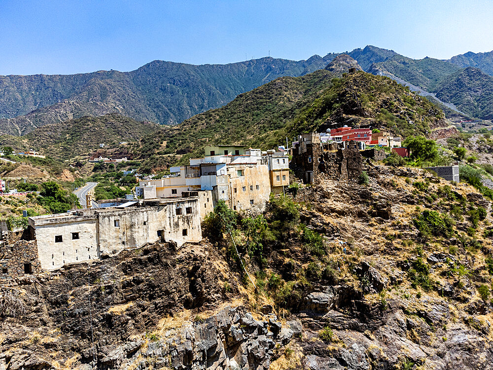 Village on a rock edge, Asir Mountains, Kingdom of Saudi Arabia, Middle East