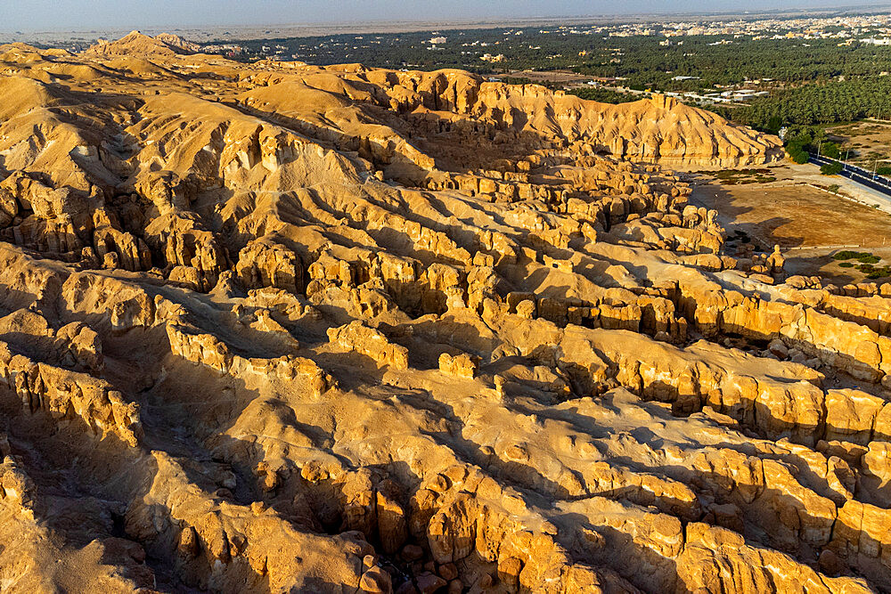 Aerial of the Al Qarah mountain, Al Ahsa (Al Hasa) Oasis, UNESCO World Heritage Site, Hofuf, Kingdom of Saudi Arabia, Middle East