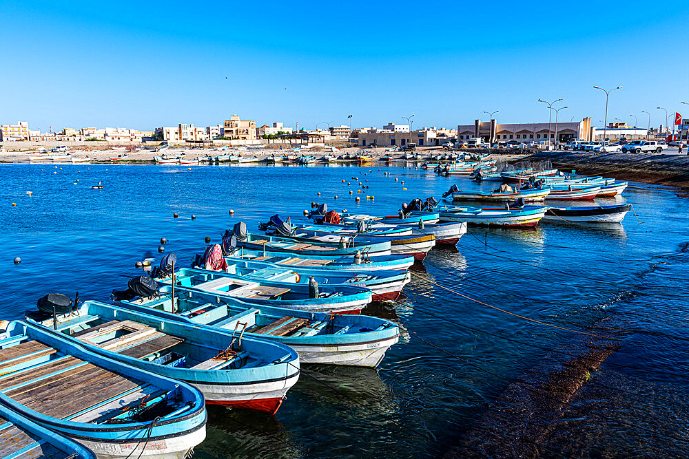 Fishing port of Mirbat with small fishing boats, Salalah, Oman, Middle East