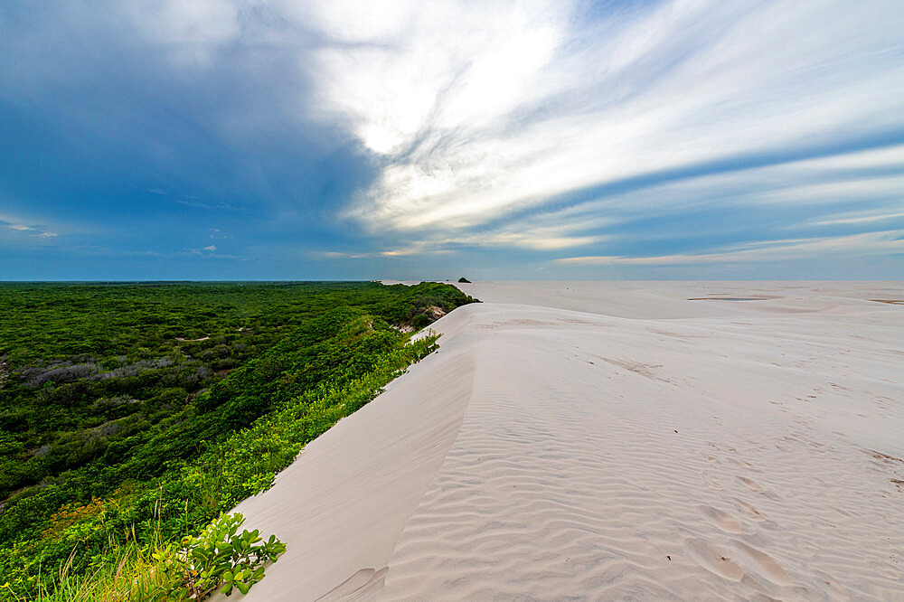 Sand dunes rising out of the green jungle, Lencois Maranhenses National Park, Maranhao, Brazil, South America