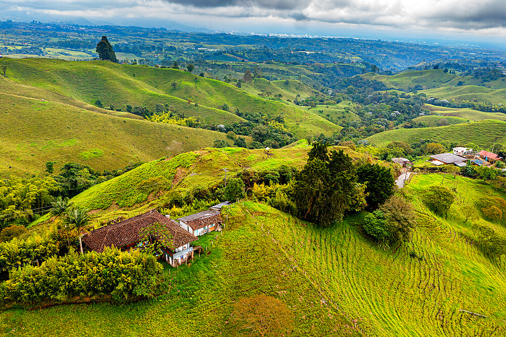 Aerial of Filandia, UNESCO World Heritage Site, Coffee Cultural Landscape, Quindio, Colombia, South America