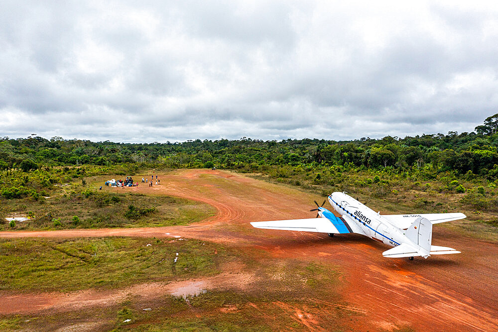 Aerial of a DC3 aircraft on a landing strip, San Felipe, Colombia, South America