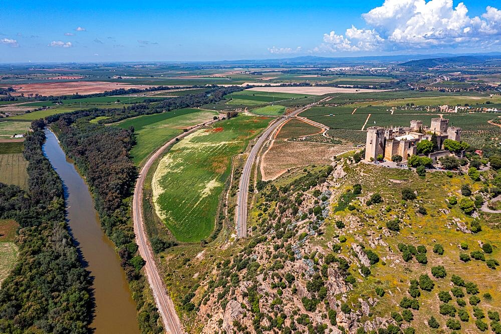 Aerial of the Castle of Almodovar del Rio on the Guadalquivir river, Andalusia, Spain