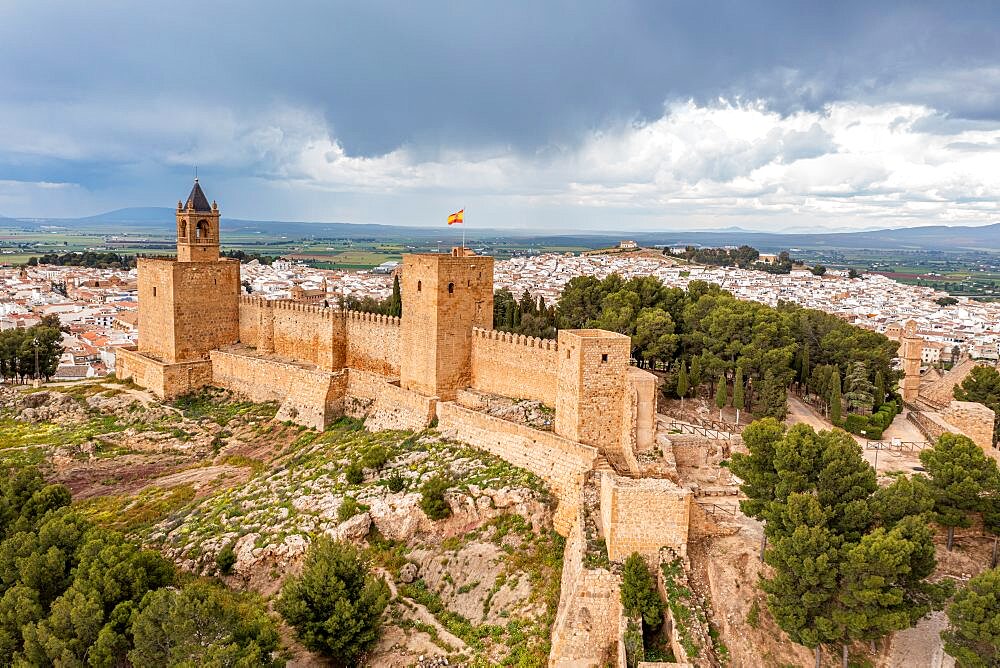 Aerial of the Antequera castle, Antequera, Andalusia, Spain