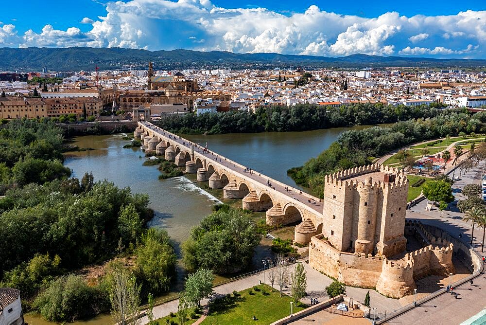 Aerial of the Historic Roman San Rafael Bridge, Cordoba, Andalusia, Spain