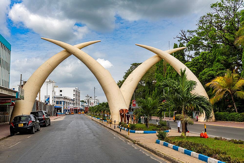 Elephant tusks as monument, Mombasa, Indian Ocean, Kenya