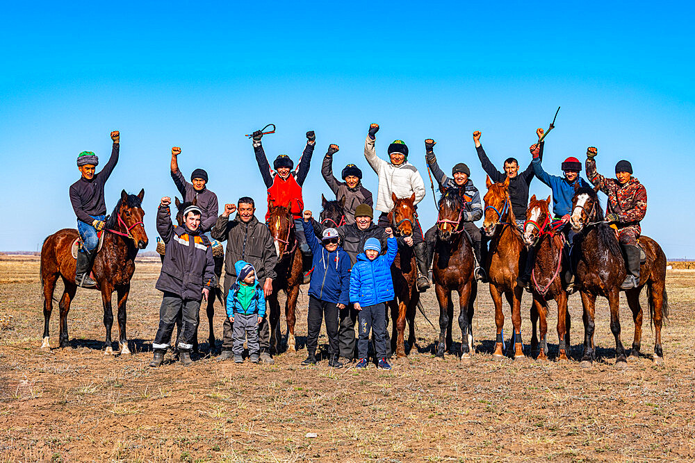 Group of Kokpar players posing for the camera, national horse game, Kazakhstan, Central Asia, Asia