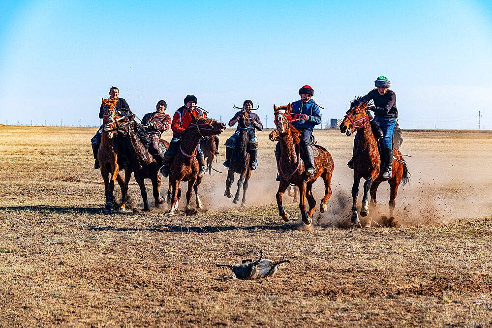 Men practising Kokpar, national horse game, Kazakhstan, Central Asia, Asia