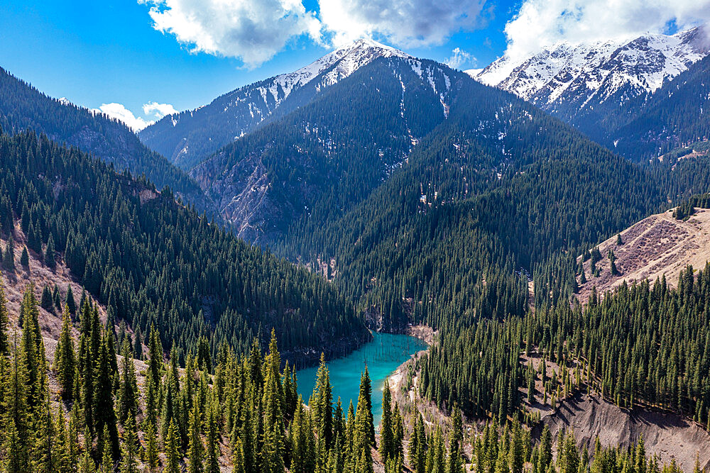 Aerial of the Kaindy Lake with its dead trees, Kolsay Lakes National Park, Tian Shan mountains, Kazakhstan, Central Asia, Asia