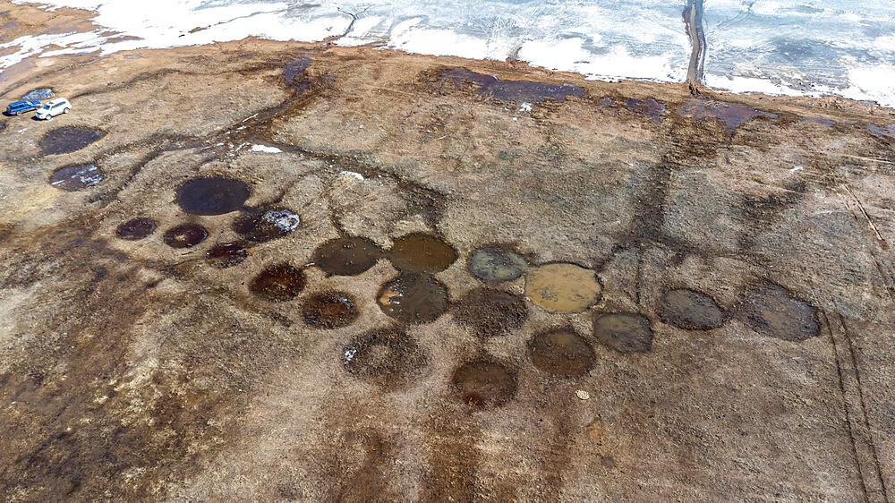 Aerial of crater lake mounds on Lake Tengiz, Korgalzhyn Nature Reserve, Saryarka, Steppe and Lakes of Northern Kazakhstan, UNESCO World Heritage Site, Kazakhstan, Central Asia, Asia