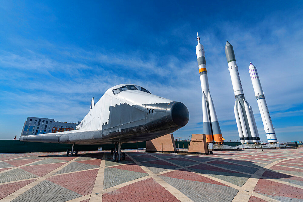 Space ships and rockets in front of the National Space Centre, Nur Sultan, formerly Astana, capital of Kazakhstan, Central Asia, Asia