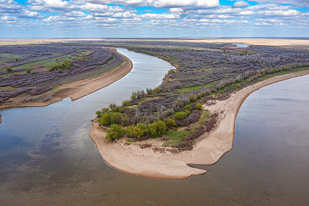 Aerial of the lower Ural River, Saray Yuek, Atyrau, Kazakhstan, Central Asia, Asia