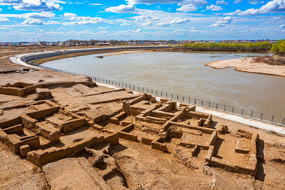 Aerial of Saray-Juk ancient settlement on the Ural Rver, Atyrau, Kazakhstan, Central Asia, Asia