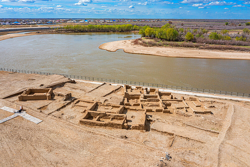 Aerial of Saray-Juk ancient settlement on the Ural Rver, Atyrau, Kazakhstan, Central Asia, Asia