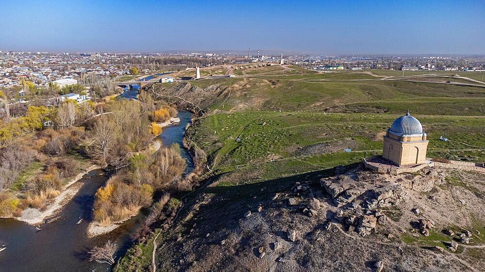 Aerial of the Mausoleum of Tekturmas, Taraz, Kazakhstan, Central Asia, Asia