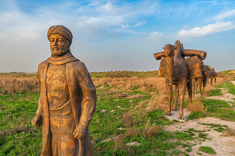 Bronze Camel caravan sculpture, Otrartobe settlement, Turkistan, Kazakhstan, Central Asia, Asia