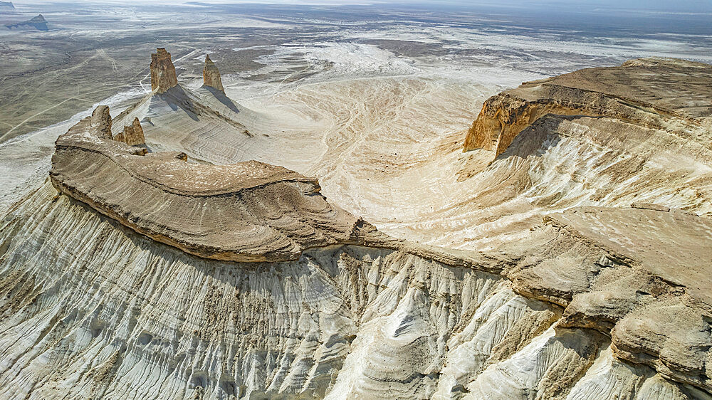 Aerial of Bozzhira Canyon, Ustyurt plateau, Mangystau, Kazakhstan, Central Asia, Asia