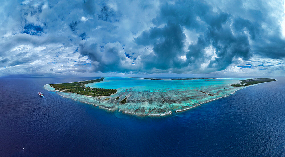 Panorama aerial of the Anaa atoll, Tuamotu archipelago, French Polynesia, South Pacific, Pacific