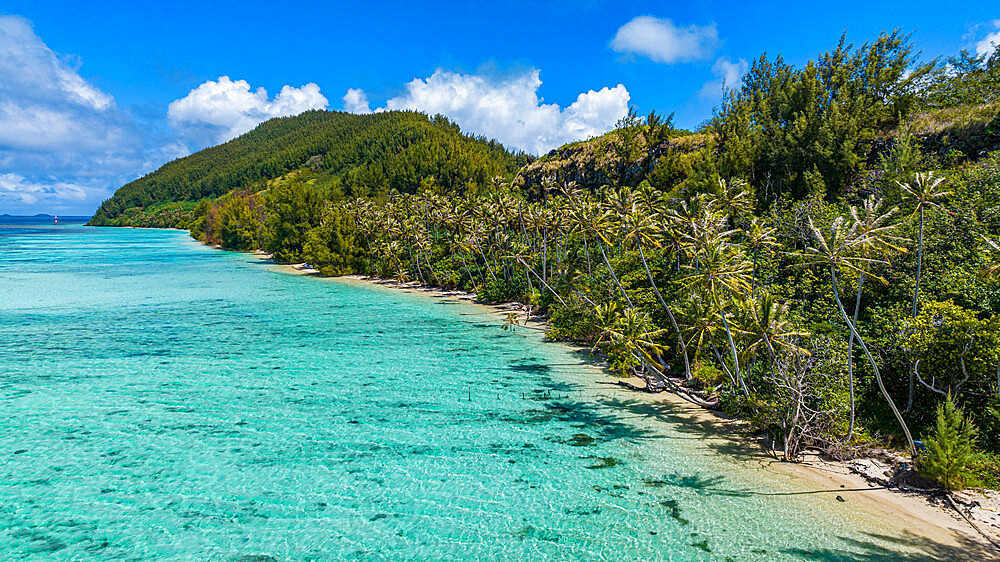 Aerial over Aukena island, Gambier archipelago, French Polynesia, South Pacific, Pacific