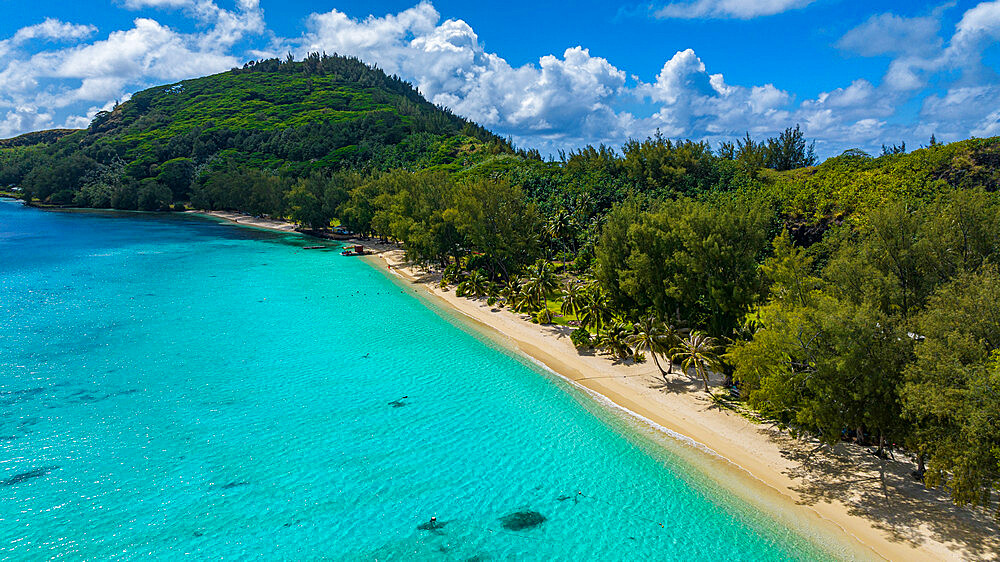 Aerial over Aukena island, Gambier archipelago, French Polynesia, South Pacific, Pacific