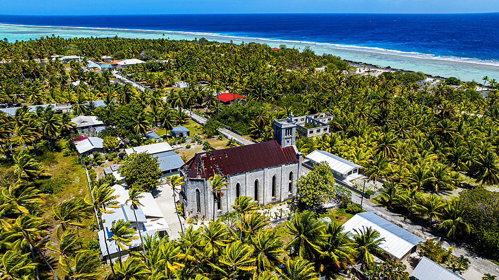 Aerial of the Old Church of St. Michel, Hikueru, Tuamotu archipelago, French Polynesia, South Pacific, Pacific