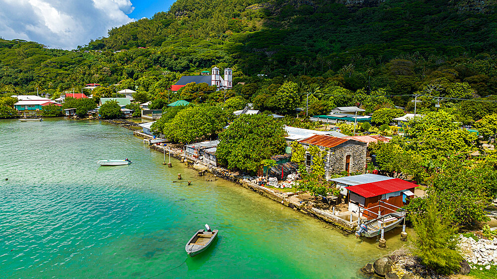 Aerial of Rikitea village, Mangareva, Gambier archipelago, French Polynesia, South Pacific, Pacific