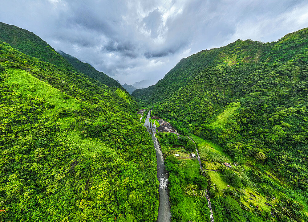 Aerial of the rugged interior of Tahiti, Society Islands, French Polynesia, South Pacific, Pacific