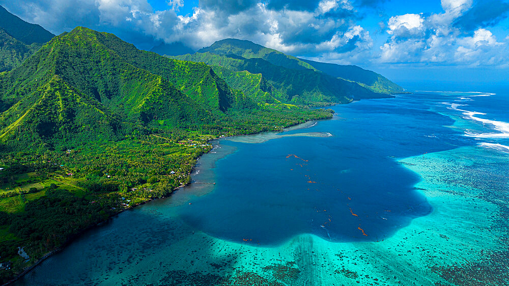 Aerial of Tahiti Iti and its lagoon, Society Islands, French Polynesia, South Pacific, Pacific