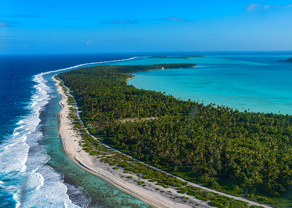 Aerial of the lagoon of Maupiti, Society islands, French Polynesia, South Pacific, Pacific