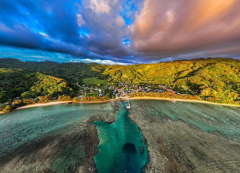 Aerial of Avera, Rurutu, Austral islands, French Polynesia, South Pacific, Pacific