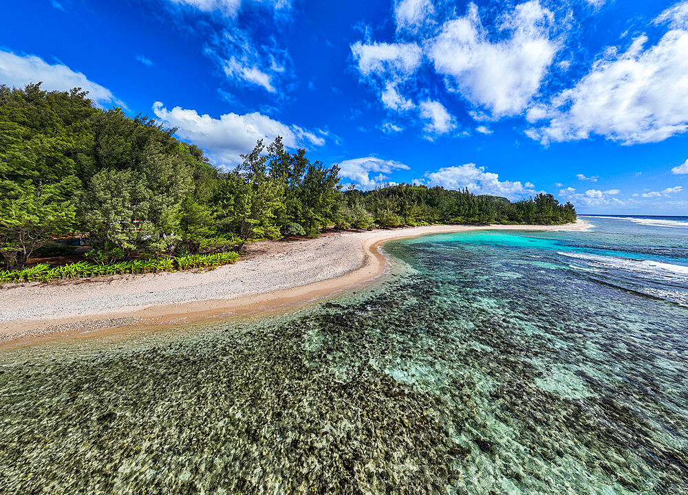 Aerial of a coral sand beach, Rurutu, Austral islands, French Polynesia, South Pacific, Pacific