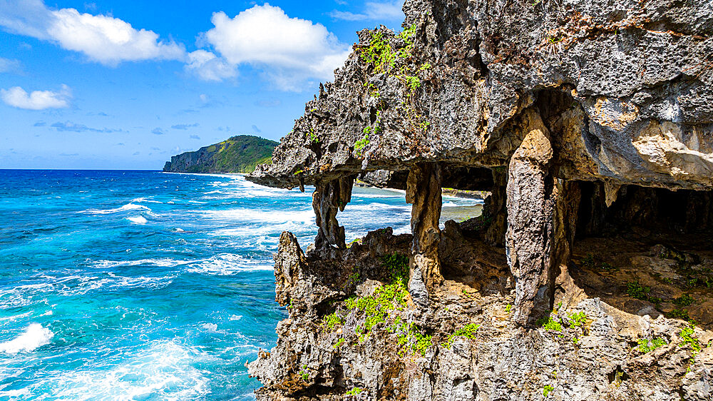 Aerial of La Gueule du Monstre (the Monster's Mouth) cave, Rurutu, Austral islands, French Polynesia, South Pacific, Pacific