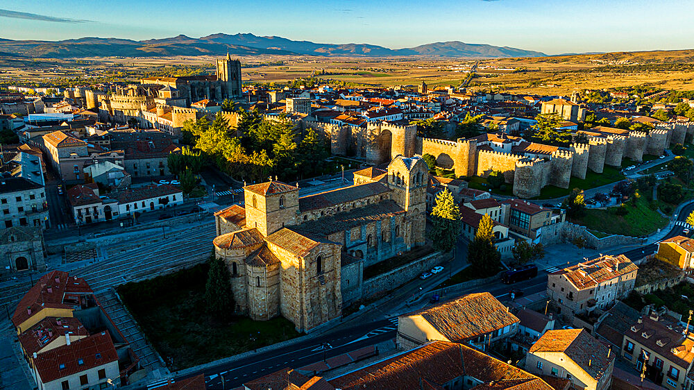 Early morning aerial of the walled city of Avila, UNESCO World Heritage Site, Castilla y Leon, Spain, Europe