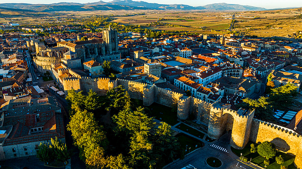 Early morning aerial of the walled city of Avila, UNESCO World Heritage Site, Castilla y Leon, Spain, Europe