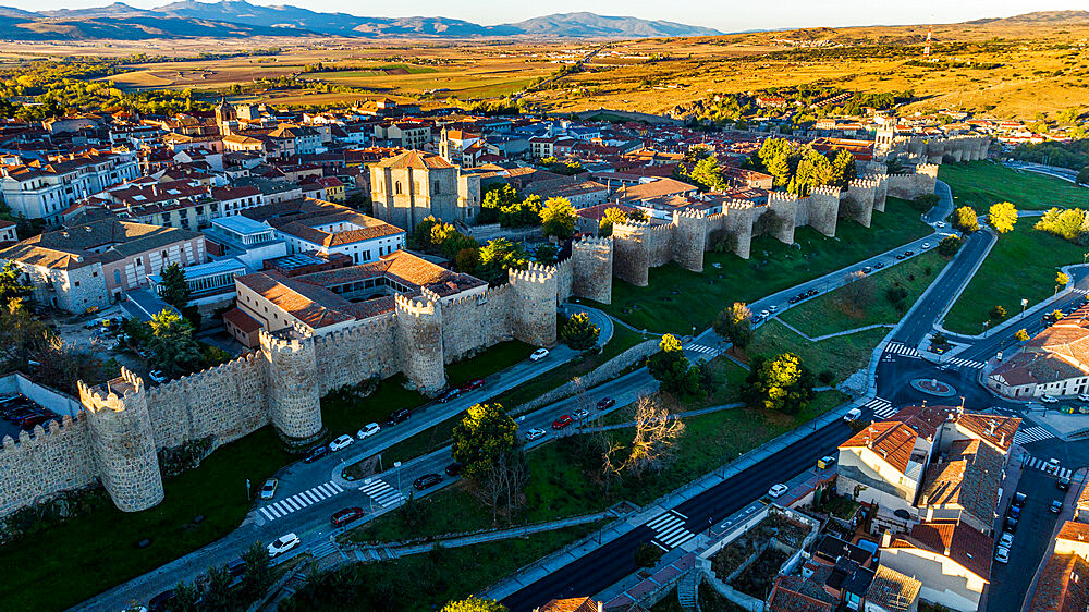 Early morning aerial of the walled city of Avila, UNESCO World Heritage Site, Castilla y Leon, Spain, Europe