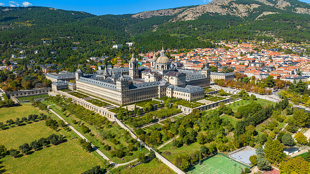 Aerial of El Escorial (Royal Site of San Lorenzo de El Escorial), UNESCO World Heritage Site, near Madrid, Spain, Europe