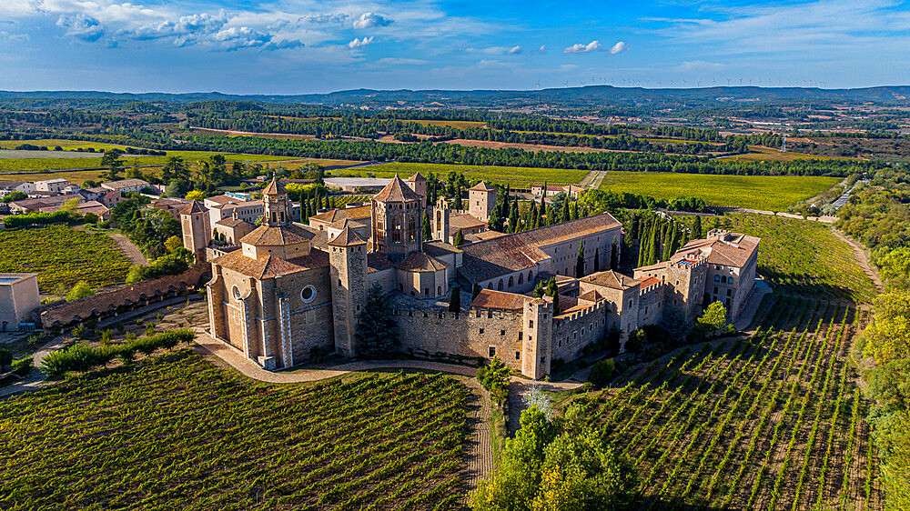 Aerial of Poblet Abbey, UNESCO World Heritage Site, Catalonia, Spain, Europe