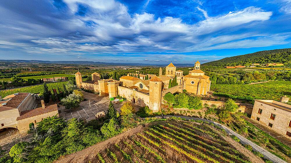 Aerial of Poblet Abbey, UNESCO World Heritage Site, Catalonia, Spain, Europe