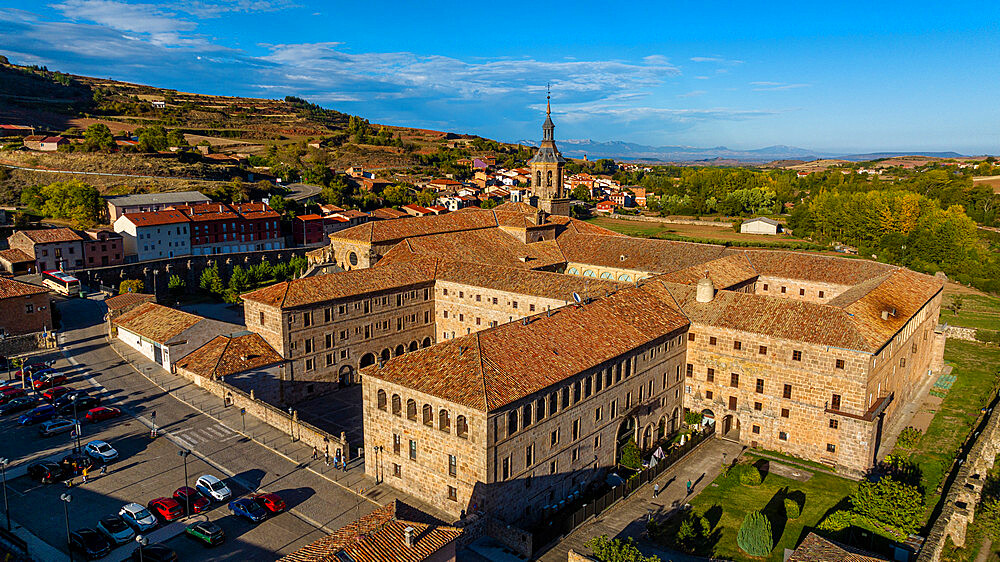 Aerial of the Yuso Monastery, UNESCO World Heritage Site, Monasteries of San Millan de la Cogolla, La Rioja, Spain, Europe