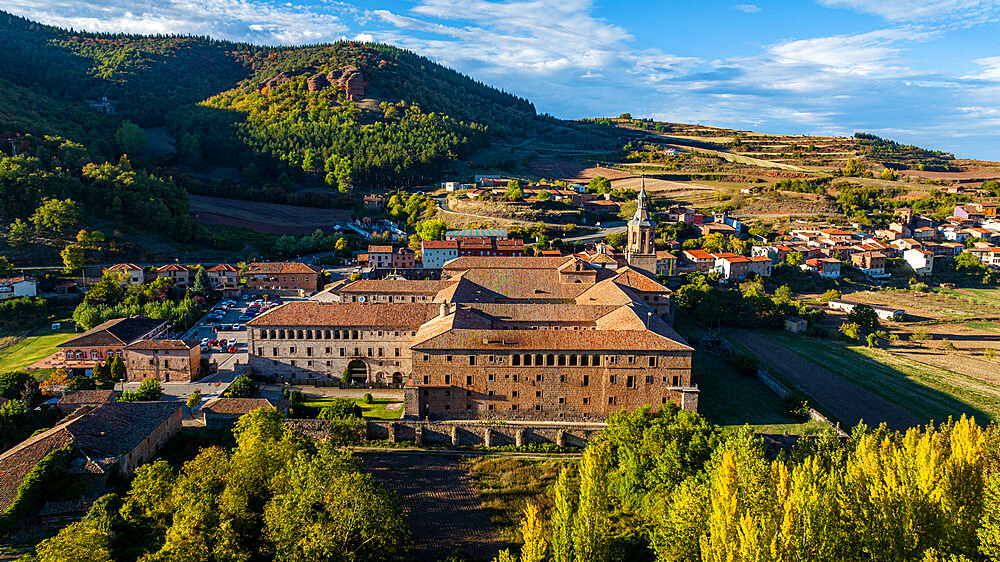 Aerial of the Yuso Monastery, UNESCO World Heritage Site, Monasteries of San Millan de la Cogolla, La Rioja, Spain, Europe