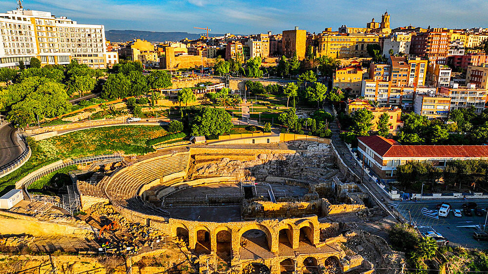 Aerial of the Roman Amphitheatre, Tarraco (Tarragona), UNESCO World Heritage Site, Catalonia, Spain, Europe