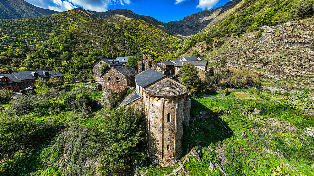 Aerial of the Romanesque church of Santa Maria de Cardet, UNESCO World Heritage Site, Vall de Boi, Catalonia, Spain, Europe