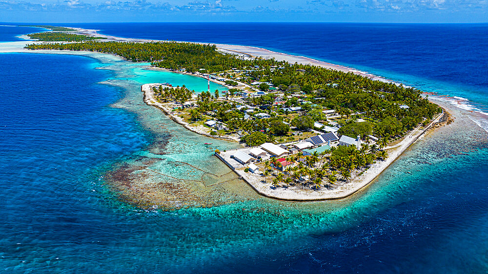 Aerial of the Amaru atoll, Tuamotu Islands, French Polynesia, South Pacific, Pacific