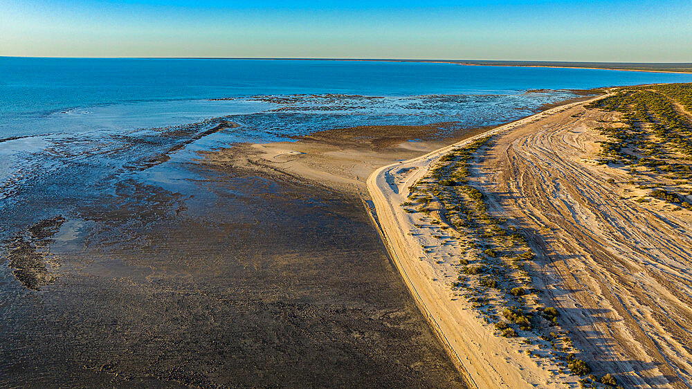 Aerial of the Hamelin Pool stromatolites, Shark Bay, UNESCO World Heritage Site, Western Australia, Australia, Pacific