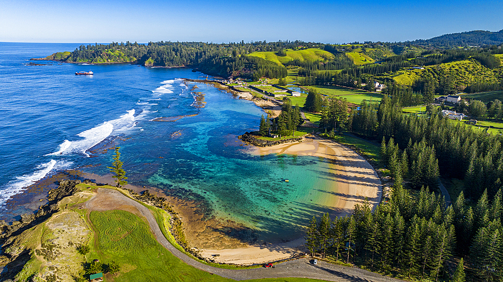 Aerial of Emily Bay, UNESCO World Heritage Site, Norfolk island, Australia, Pacific