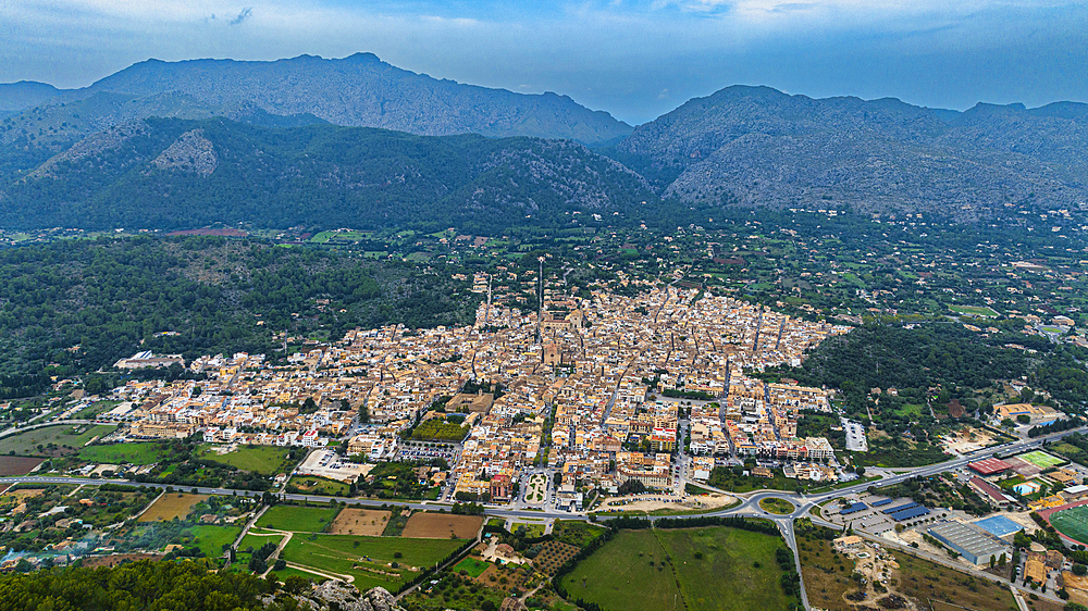 Aerial view over Pollenca from the 14th century Santuari de la Mare de Deu des Puig, Mallorca, Balearic Islands, Spain, Mediterranean, Europe