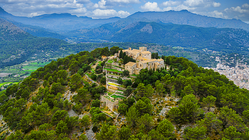 Aerial of the 14th century Santuari de la Mare de Deu des Puig, UNESCO World Heritage Site, Serra de Tramuntana, Pollenca, Mallorca, Balearic Islands, Spain, Mediterranean, Europe